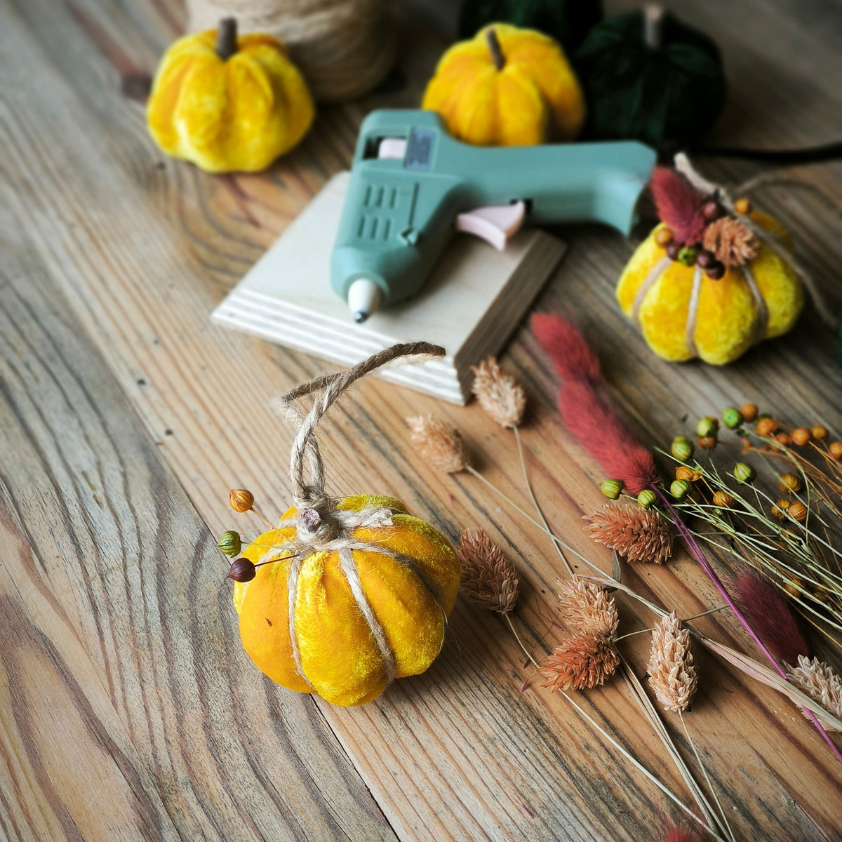 DIY Samtkürbis Trockenblumen kleben