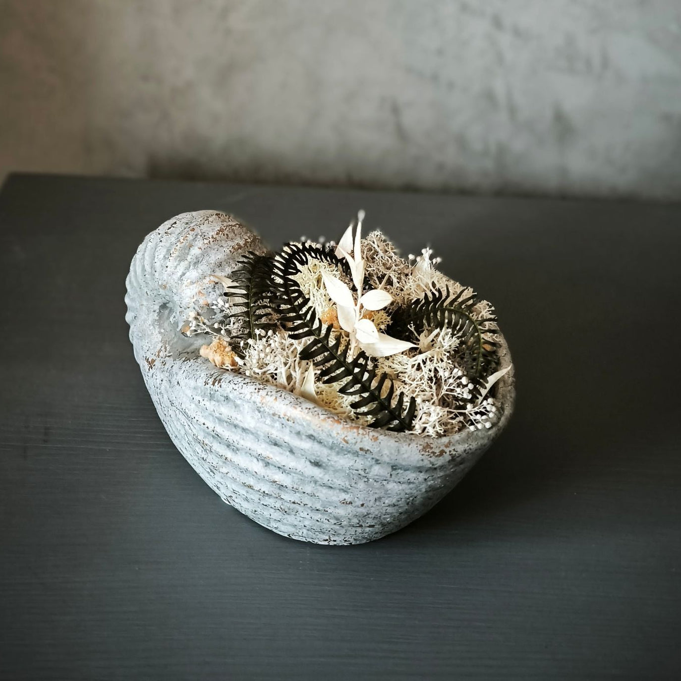 Ocean Nest Betongefäß in Muschelorm mit Trockenblumen Detailbild