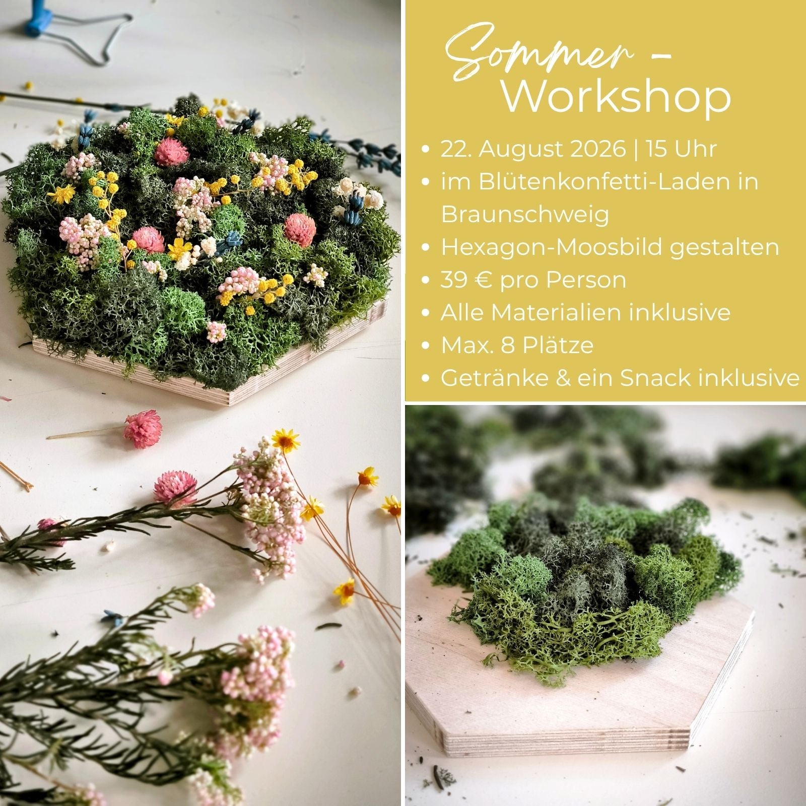 Sommer-Workshop – Hexagon-Moosbild mit Trockenblumen gestalten (22.08.2026)