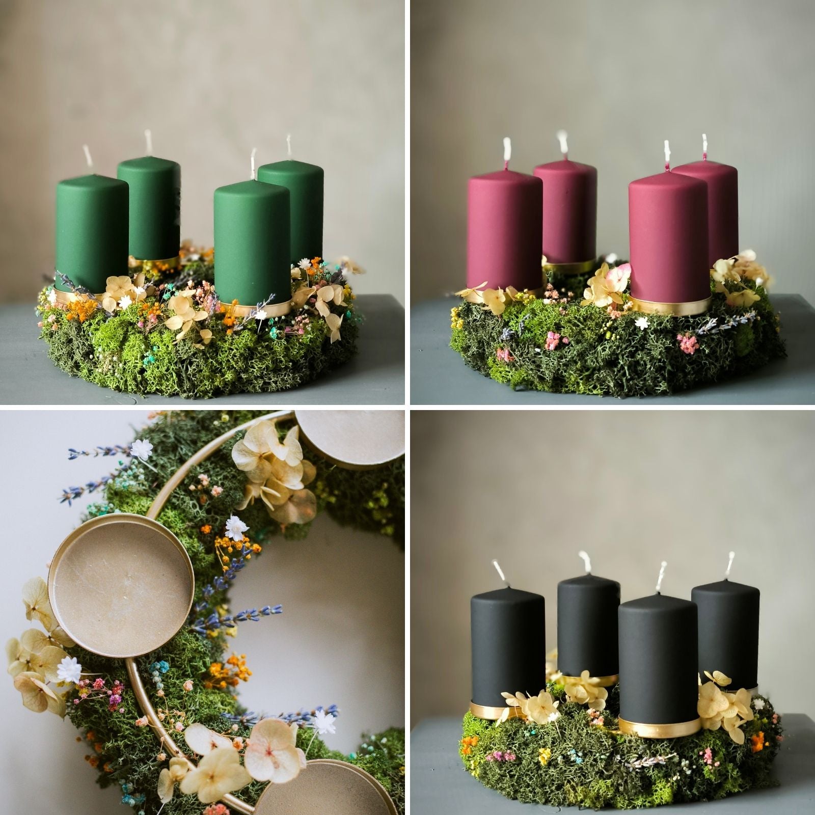 Adventskranz „Fairytale Moss“ – märchenhafter Adventskranz aus Islandmoos & Trockenblumen mit goldfarbenem Kerzengestell