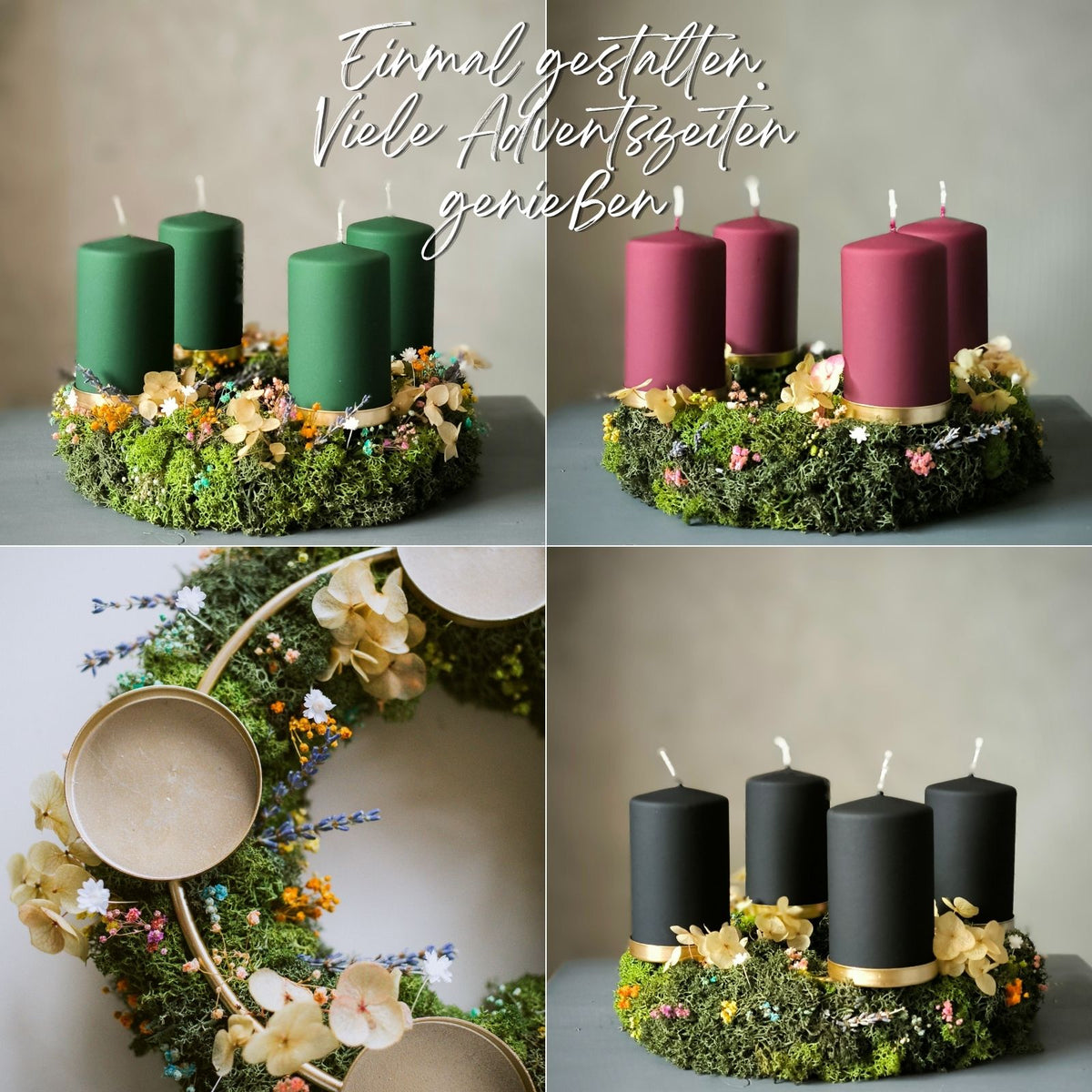 Adventskranz „Fairytale Moss“ – märchenhafter Adventskranz aus Islandmoos & Trockenblumen mit goldfarbenem Kerzengestell