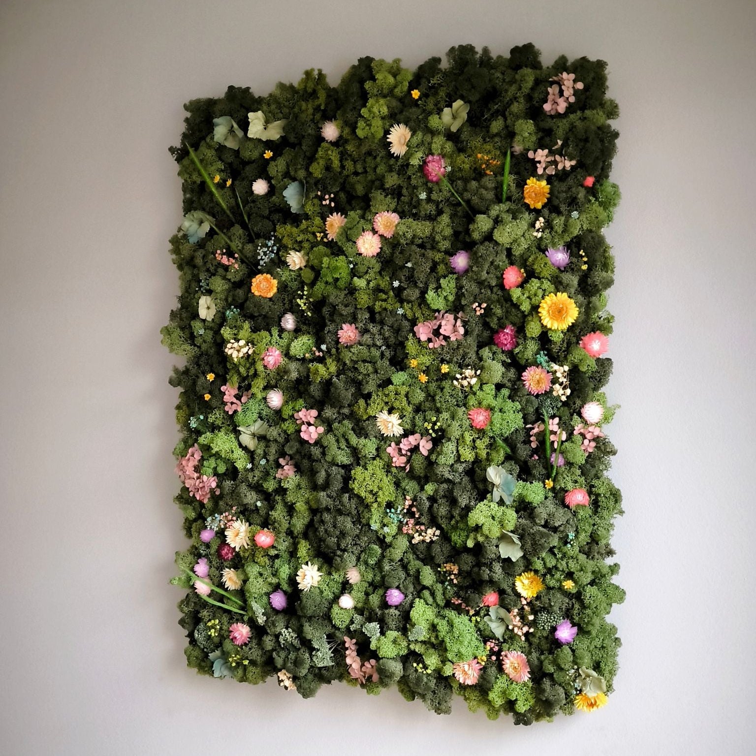 Zeitgeschenk Workshop fertiges Moosbild it Trockenblumen an der Wand