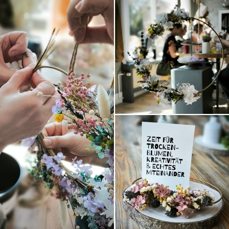 Zeitgeschenk für Gruppen – je einen Blumenring aus Trockenblumen gestalten