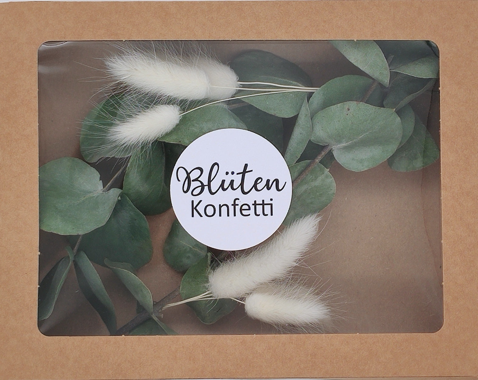 2 Mini-Zweige getrockneter Eukalyptus Cinerea + Mini-Stiele Lagurus in einer Box aus Kraftpapier mit Original Blütenkonfetti Aufkleber
