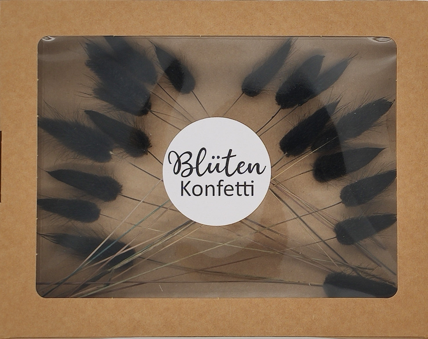 20 Stück Mini-Stiele getrockneter Lagurus schwarz in einer Box aus Kraftpapier mit Original Blütenkonfetti Aufkleber