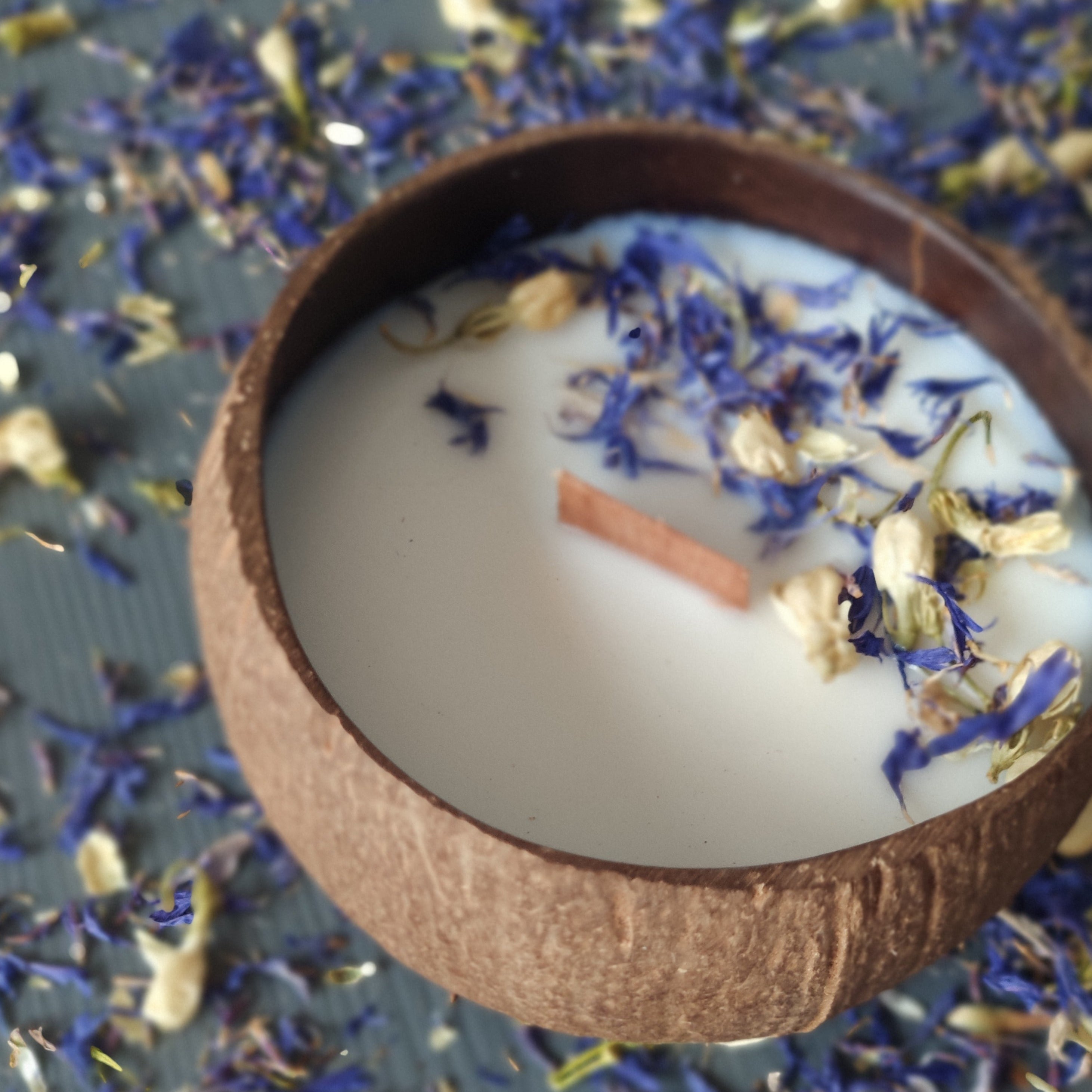 Duftkerze Oud-Holz von Lumininie mit Blütenkonfetti Blue Ivory