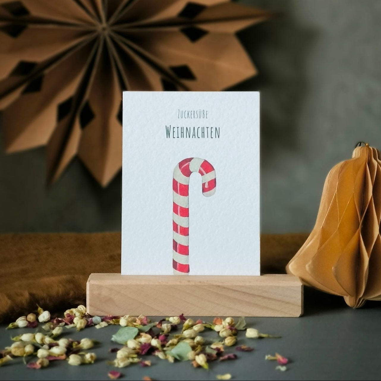 Postkarte Feenfeder zuckersüße Weihnachten mit Zuckerstange