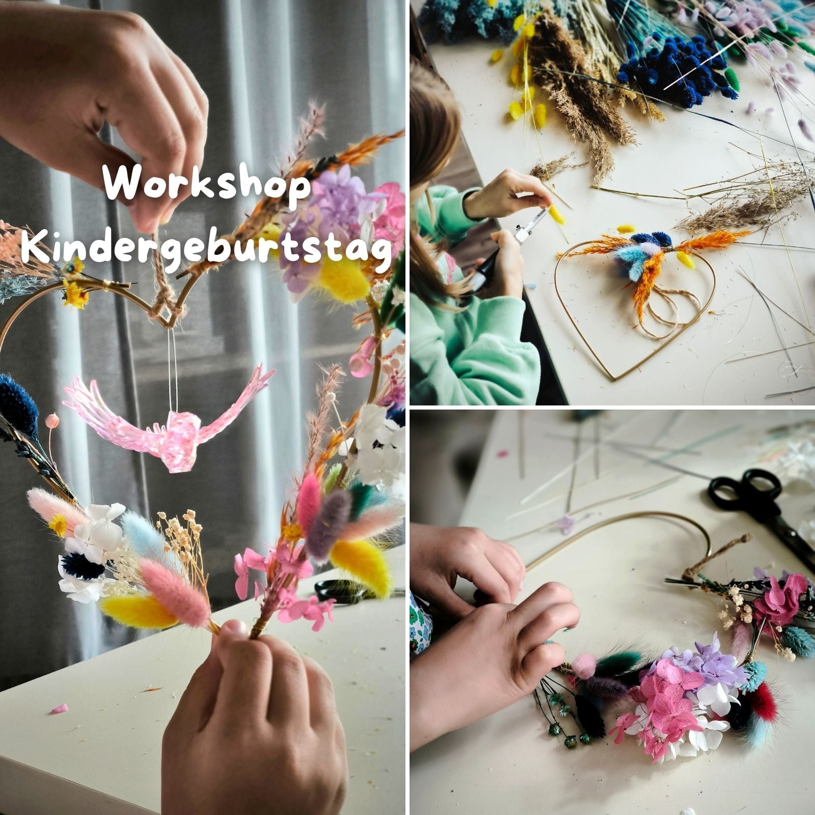 Kindergeburtstag Workshop – Trockenblumen an Herzkranz oder Ring binden