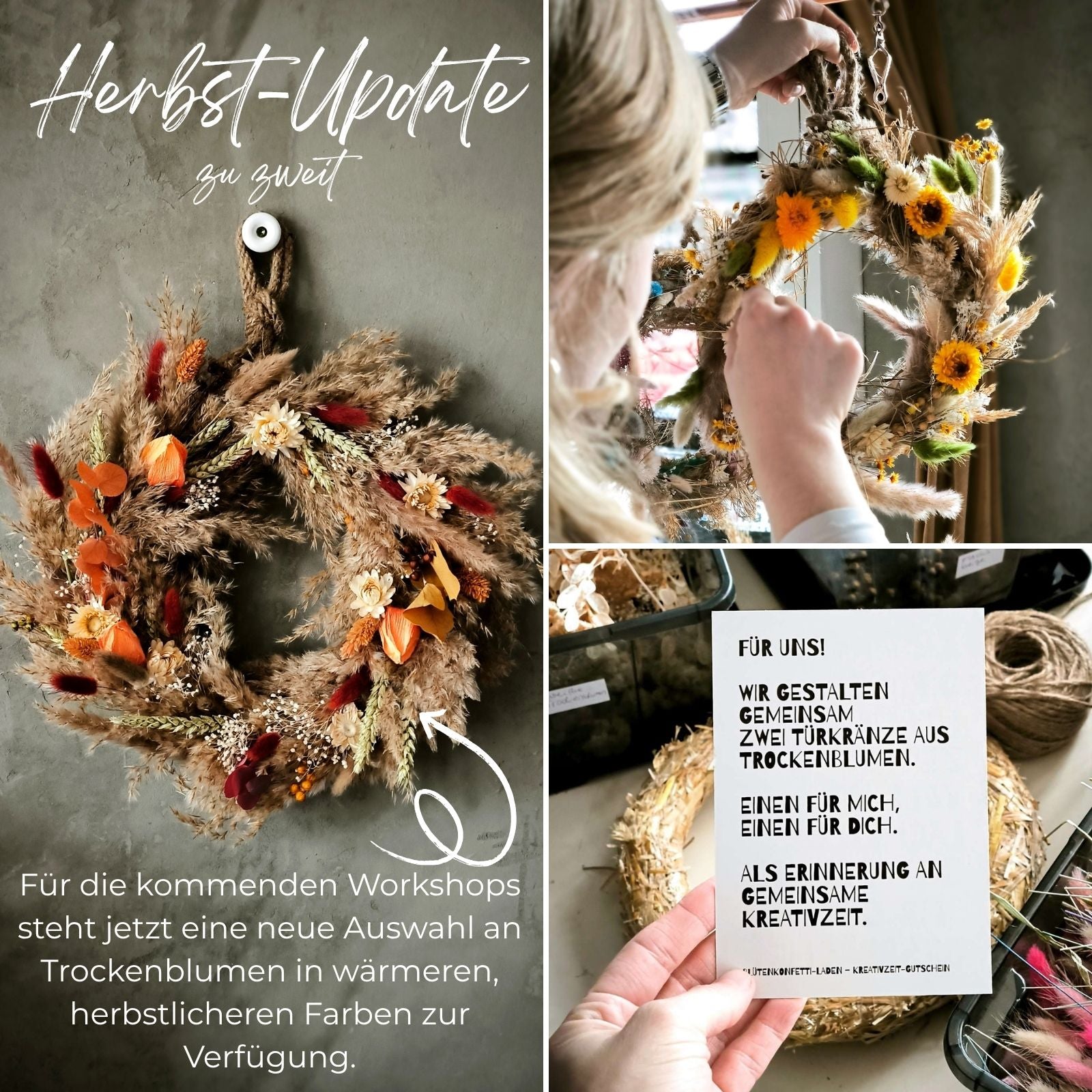 Zeitgeschenk für zwei – je einen Türkranz aus Trockenblumen gestalten