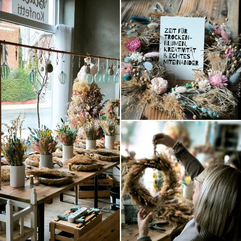 Zeitgeschenk für Gruppen – je ein Türkranz aus Trockenblumen gestalten